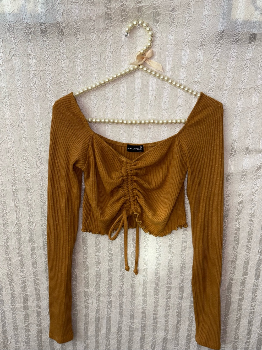 Ribbed Ruched Long-Sleeve Crop Top — Mustard
